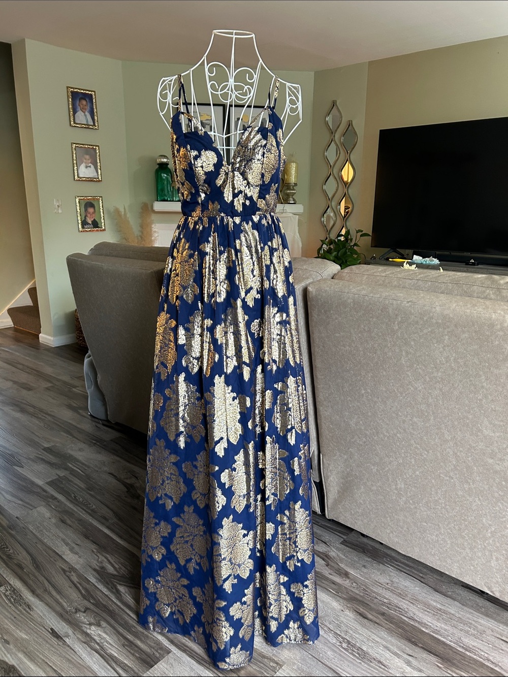 Navy and Gold Floral V-Neck Maxi Dress